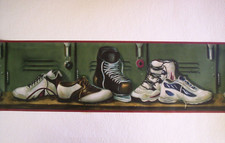LOCKER ROOM SPORTS SNEAKERS HOCKEY SKATES PREPASTED WALLPAPER BORDER # 31606370