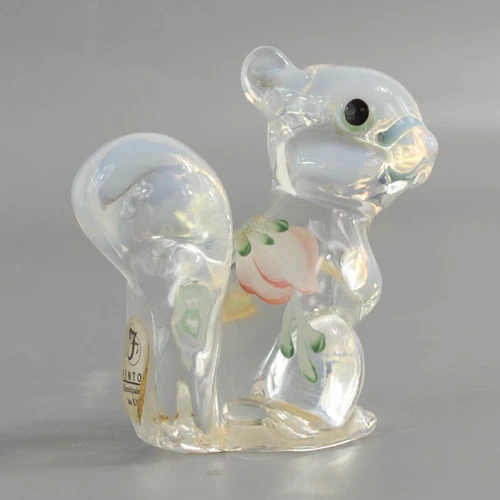 FENTON White Opalescent Squirrel Flower Glass Clear Small Hand Painted Figurine
