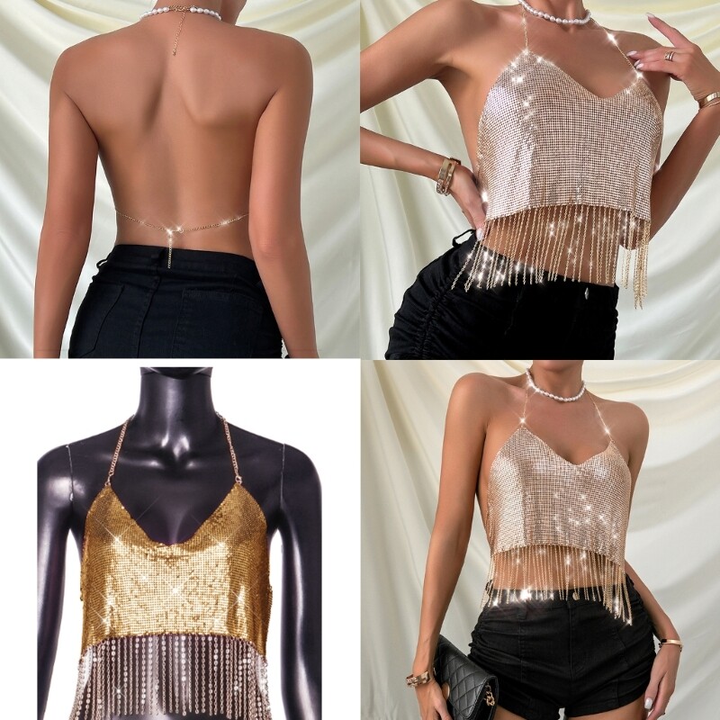 JEWEKY Women's Sparkly Sequin Cami Crop Top - Halter Or Spaghetti Strap Backless Clubwear For Parties - View #10