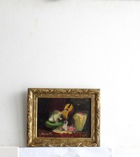 CADRE ANCIEN BOIS DORE PEINTURE HUILE SUR BOIS "CHAT ET CHATONS"