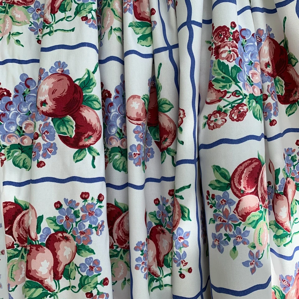 Nueva tela de cocina o mesa de algodón de los años 90 4,3 yardas marco azul fruta en blanco Foto 3 de 4