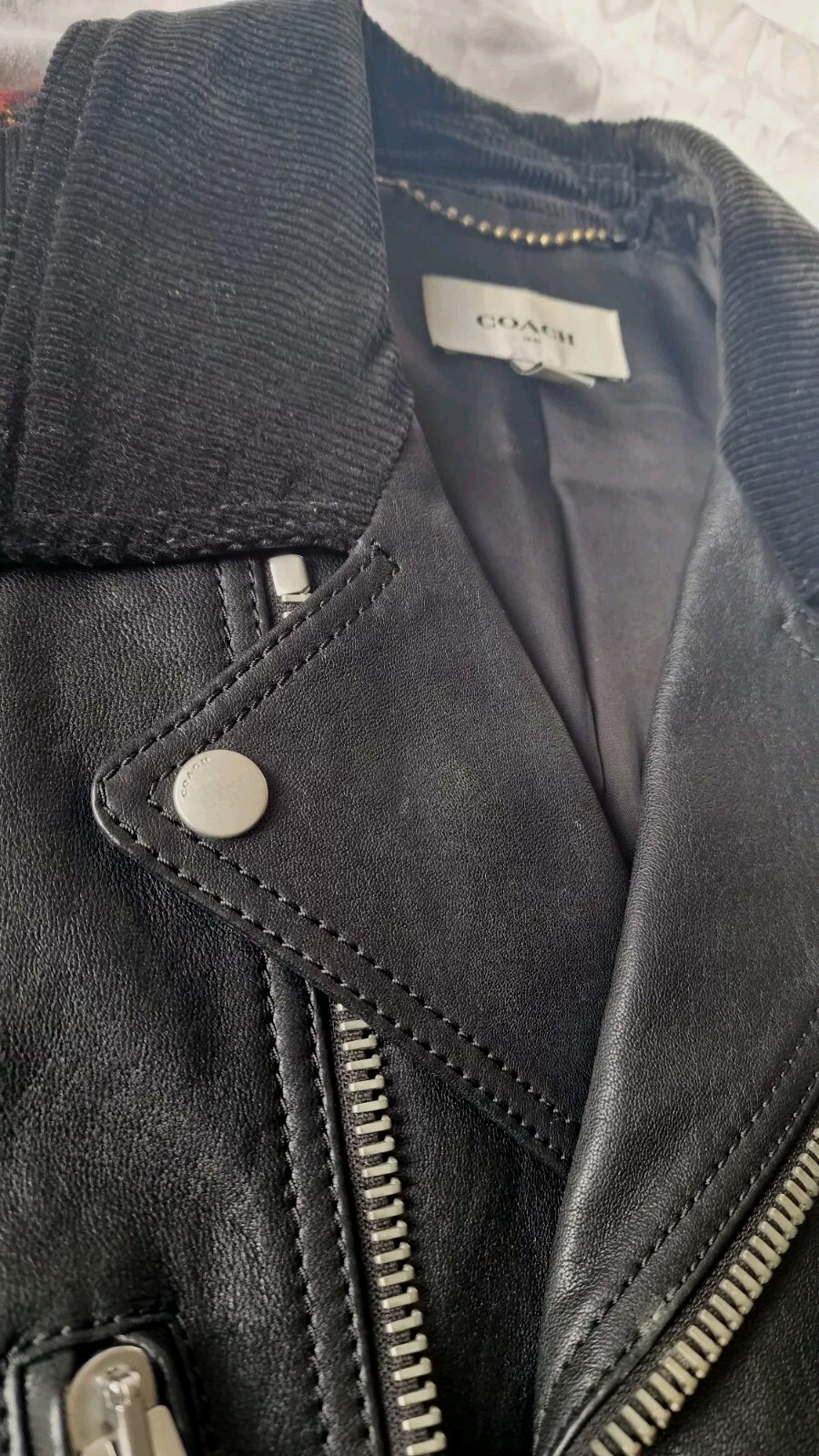 RRP £1,500! DESIGNER COACH Red Buffalo Check Mashup Leather Biker Jacket image 7