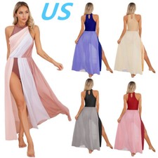 Women Color Block Lyrical Dance Costume Halter Sleeveless Split Leotard Dress