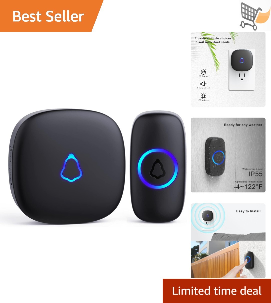 Wireless Waterproof Doorbell with 58 Chimes Adjustable Volume LED Black-image