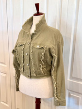 Woman's Size Large Cropped Khaki Jacket, Soft Stretch, 4 Pockets, Frayed Edges