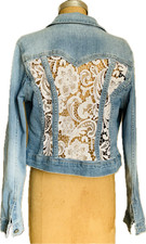 OOAK Upcycled Denim Jacket Floral Lace Bridal Coverup Artsy Boho Festival  Sz L