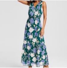 Merona Green Floral Maxi Chiffon Dress Womens XXL Cottagecore Flowy Maxi Party