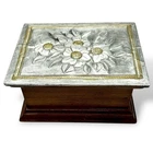 Vintage Trinket Jewelry Box Tin FLOWERS Floral Lid Wood Body Hinged Signed EUC