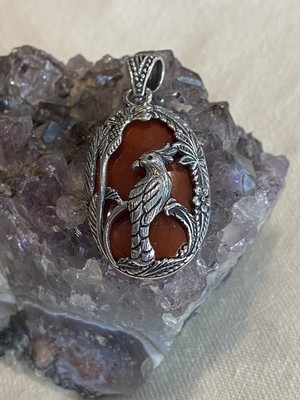 Sterling Silber Anhänger oval orange-rot Cabochon (Karneol?) Kakadu Vogel 925