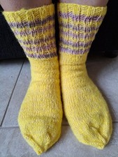 Hand knitted 100 wool/mohair socks, yellow with tan/pink, sizes 10-11