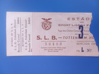 RARE MATCH TICKET BENFICA v TOTTENHAM HOTSPUR 1961 2 EUROPEAN CUP SEMI FINAL