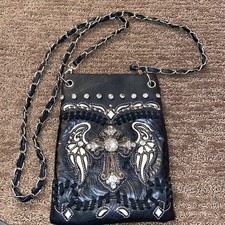 Western Cowgirl Crossbody Bag Purse Tooled Black Jeweled 8  x 6  New
