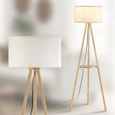 Wood Tripod Floor Lamp with Shelf & 3 Color FSC Natural Wood and Linen Shade
