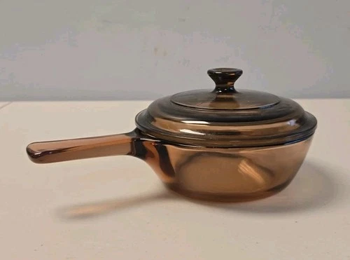 Vintage Amber Glass Corning Ware Visions Sauce Pan with a Pyrex lid