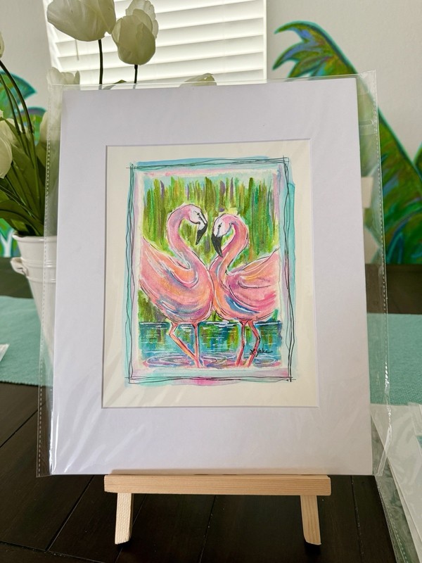 2 Flamingos Tropical Garden Art Original Painting  11x14 Matted Linda Yake