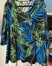 3X SUSAN GRAVER  BLUE GREEN LEAVES LIQUID KNIT TOP  POLY SPANDEX #HS540