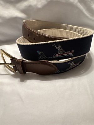 LEATHER MAN LTD Belt Mens Sz42 Gamefish Navy Ribbon Leather Canvas Brass 1.25''W
