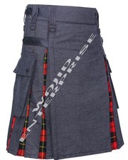 Scottish Handmade Denim Kilt Wallace Tartan Hybrid kilt,Utility kilt Custom Size