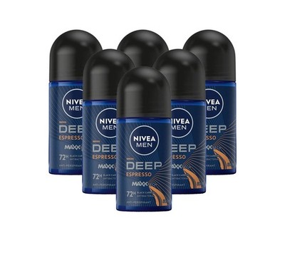 Nivea Men Deep Espresso Roll-On Deodorant Long-Lasting Fresh 72H Protect 6-Pack