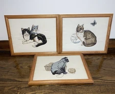 VTG Hand Stitched Embroidered Cat Yarn Fish Framed Fabric Wall Set Lot Folk Art