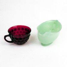 2 x Vintage 1950-60's Pastel Crockery CRANBERRY GLASS TEA CUP & PYREX GRAVY BOAT
