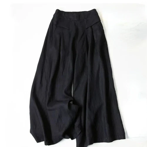 Lady Trousers Loose Elastic High Waist Bottom Casual Wide Leg Cotton Linen Pants - Picture 3 of 20