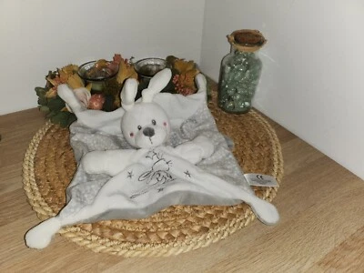 DOUDOU LAPINPLAT SIMBA TOYS blanc étoile argenté gris attache tétine - TBE- B5 - Photo 1/2