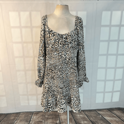 Express animal print long puff sleeve smocked body mini dress size xl | eBay