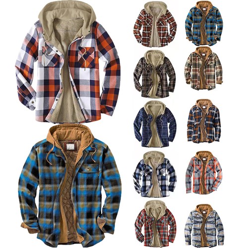 Mens Plaid Flannel Shirt Hoodie Coat 