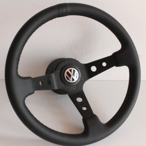 Steering wheel for fits For VW Golf Jetta Corrado Mk2 Mk3 Deep Dish Black Leather 1988-1996 - Picture 1 of 16