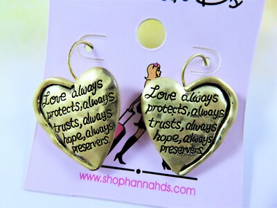 Hannah D's Earrings Metal Hearts Inspo Saying Love Always Protects Gold Tone New