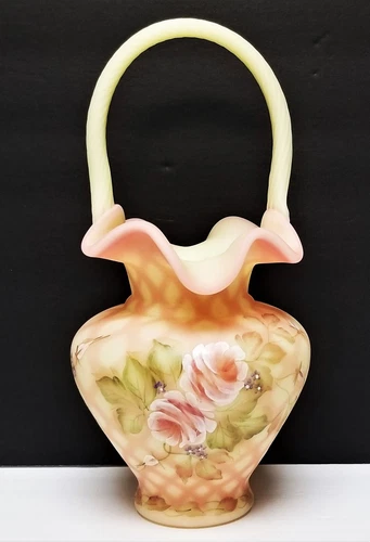 Fenton Burmese Diamond Heirloom Optics Hand Painted Glass Basket  GEORGE FRANK