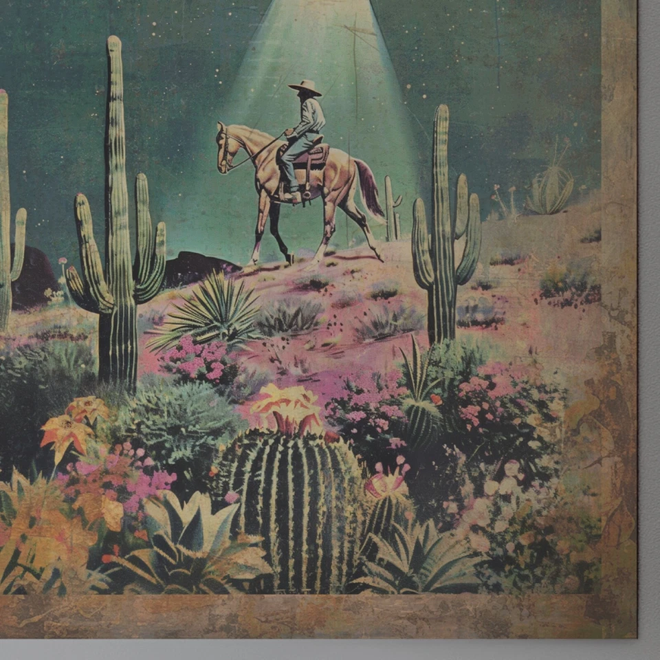 Arte de pared vintage OVNI COWBOY, decoración occidental alienígena de ciencia ficción, impresión de flores de cactus UAP Foto 3 de 4