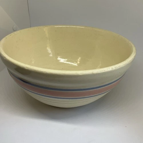 Vintage Oven Ware USA Pink and Blue Stripe Stoneware Bowl 10"