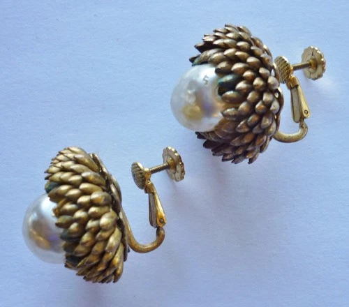 Earring Signed Miriam Haskell Faux Pearl Dark Gold Tone  Clip On Vintage