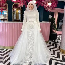 Muslim Wedding Dresses With Detachable Skirt High Neck Lace Mermaid Bridal Gowns