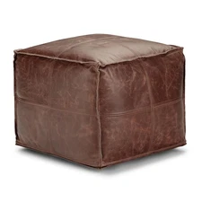 SIMPLIHOME Sheffield Boho Square Pouf in Brown Genuine Leather for the Living...
