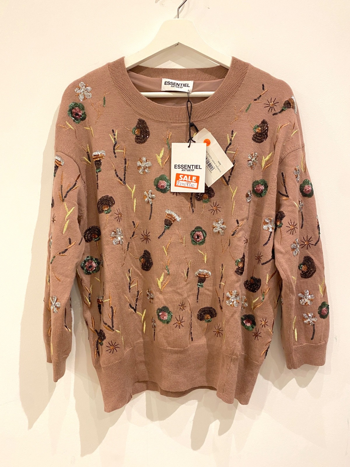 Essentiel Antwerp Sequin Floral Patch Sweater Merino Wool Embroided Blush BNWT image 2