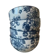 4pc Godinger English Garden Porcelain Salad Bowls 6in Blue & White Floral 