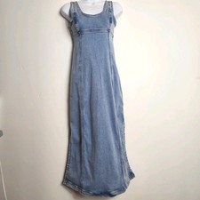 American Eagle Denim Maxi Dress Womens 6 Blue Sleeveless Zip Front Side Slit Y2K