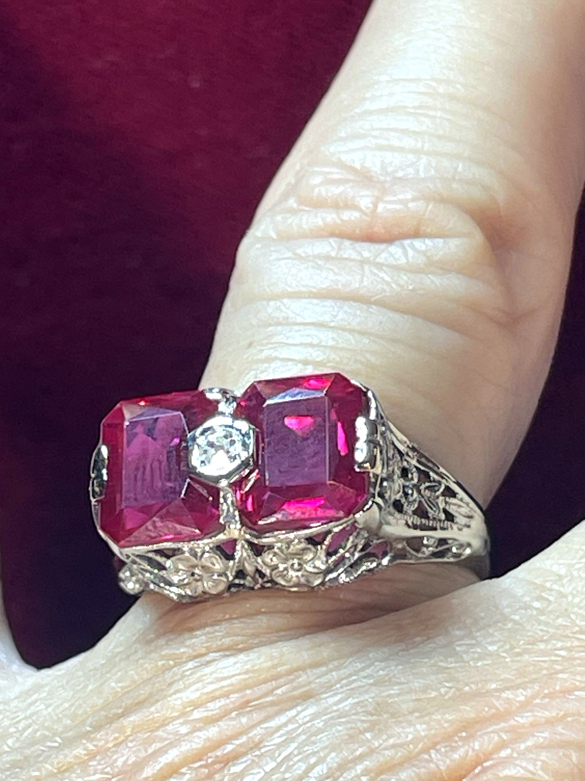 14K WHITE GOLD  LAB CREATED RUBY RING VICTORIAN F… - image 10