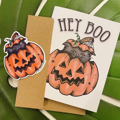 Halloween Kitty Vinyl Sticker And Card Pumpkin Cat Vampire Kitten