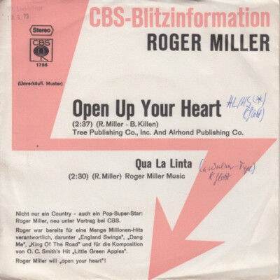 7'', Single, Promo Roger Miller - Open Up Your Heart / Qua La Linta