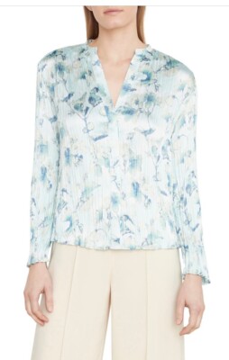 $295 Vince Women s Floral Crushed Satin Blouse Shirt- Pale Lagoon-Small-New Tag
