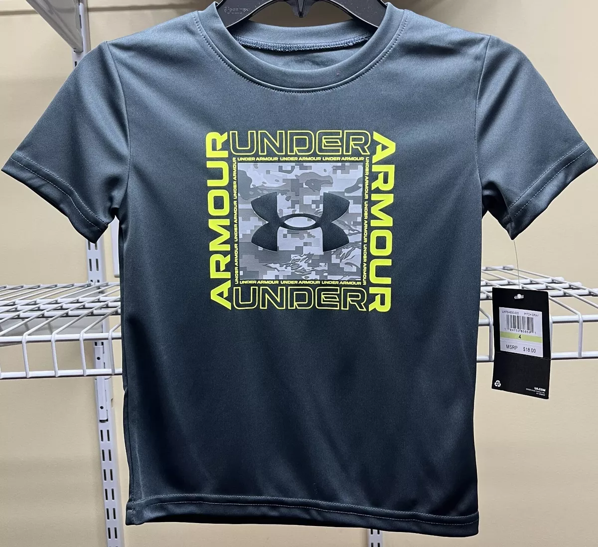 Under Armour Short Sleeve Gray T Shirt Neon Yellow Logo Boys Youth