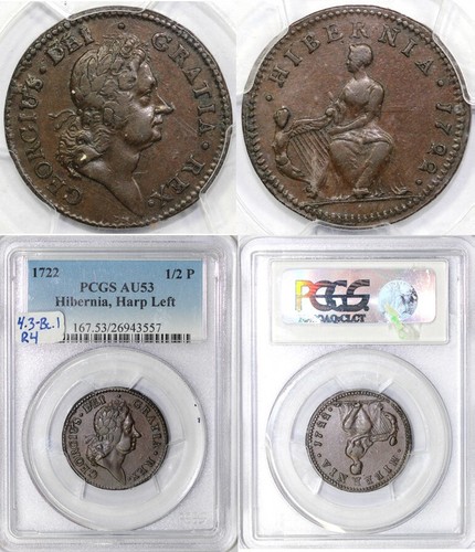 1722 1/2p 4.3-Bc.1 Woods Hibernia Harp Left PCGS AU 53 - Picture 5 of 5