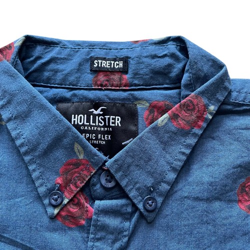Hollister Men's Stretch Casual Red Rose Pattern Trendy Short Sleeve Shirt Blue - Picture 5 of 10