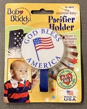 GOD BLESS AMERICA Baby Pacifier Holder Clip Made in USA Patriotic American NOS