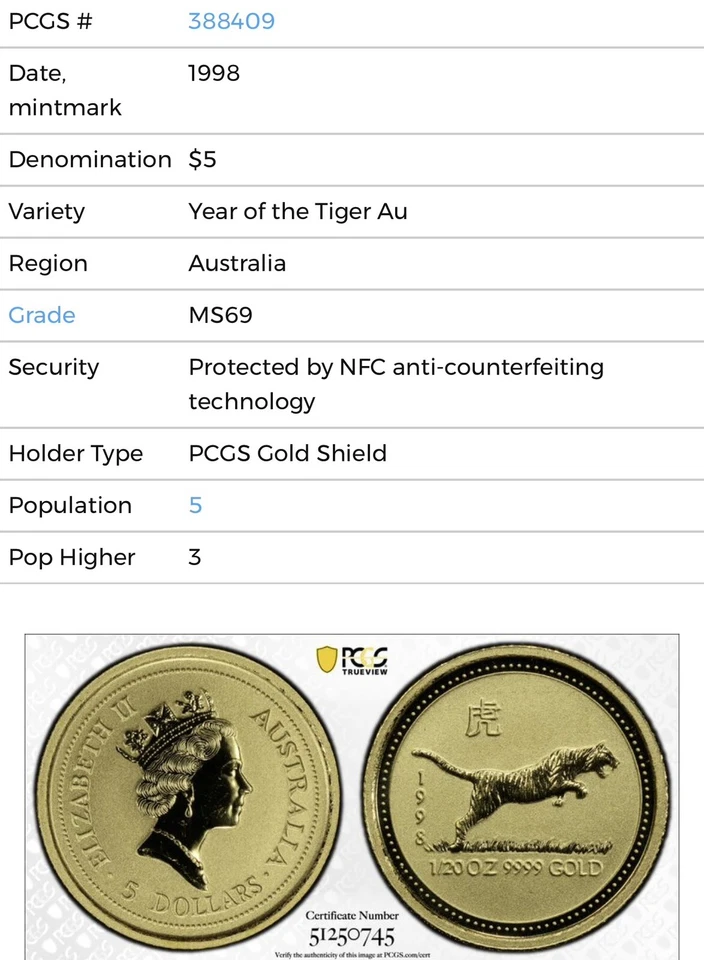 1998 $5 Australia 1/20 Oz Gold Bullion Lunar Coin • MS69 • Year of the Tiger (虎) - Image 2 of 4