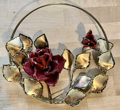 【BULL ROSE】和ダンス 七宝焼装飾取っ手 薔薇柄と多重框彫刻 GORGEOUS METAL WALL ART WITH RED ROSES AND LEAVES! Hand Crafted In